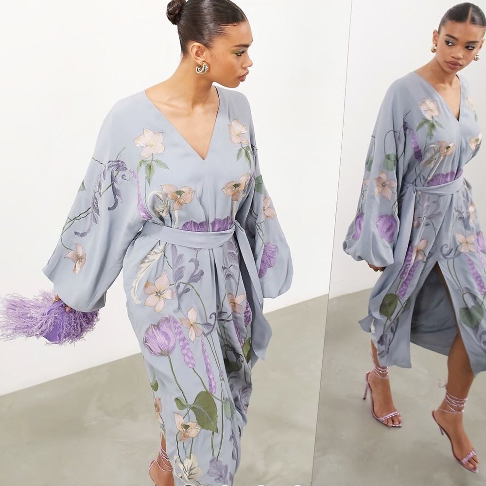 ASOS EDITION V-Neck Midi Dress Ornamental‎ Floral Embroidery Dusky Blue Size 6